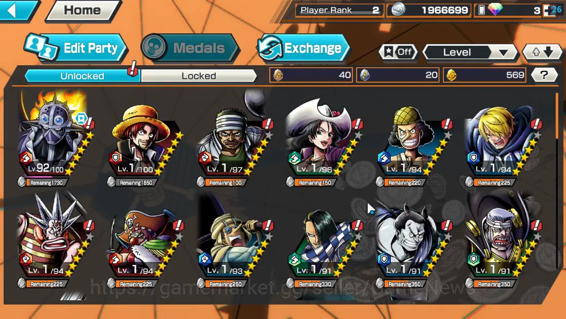 One Piece Bounty Rush Accounts Starter Global|4 EX|Film RED Shanks,BP Kuzan,BMO Kaido,T5Elder Nusjuro|Rank 2|569 (*4 4