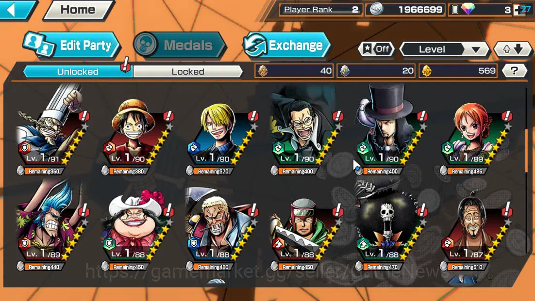 One Piece Bounty Rush Accounts Starter Global|4 EX|Film RED Shanks,BP Kuzan,BMO Kaido,T5Elder Nusjuro|Rank 2|569 (*4 5