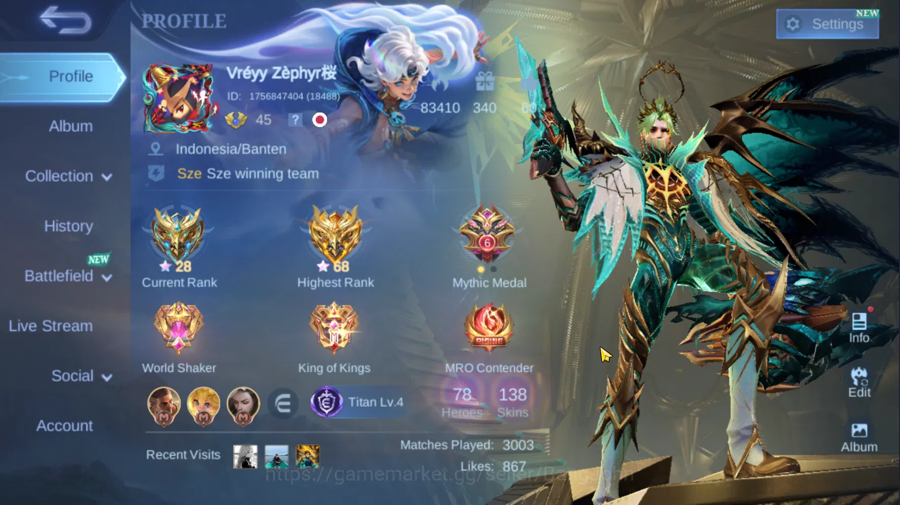 Hero 78 | Skin 138 | Emblem Max 1 | Prime Granger | Collector Parsha | Lightborn Fanny | Champion Joy | ML312B Mobile Legends: Bang Bang Others Hero 78 | Skin 138 | Emblem Max 1 | Prime Granger image 1