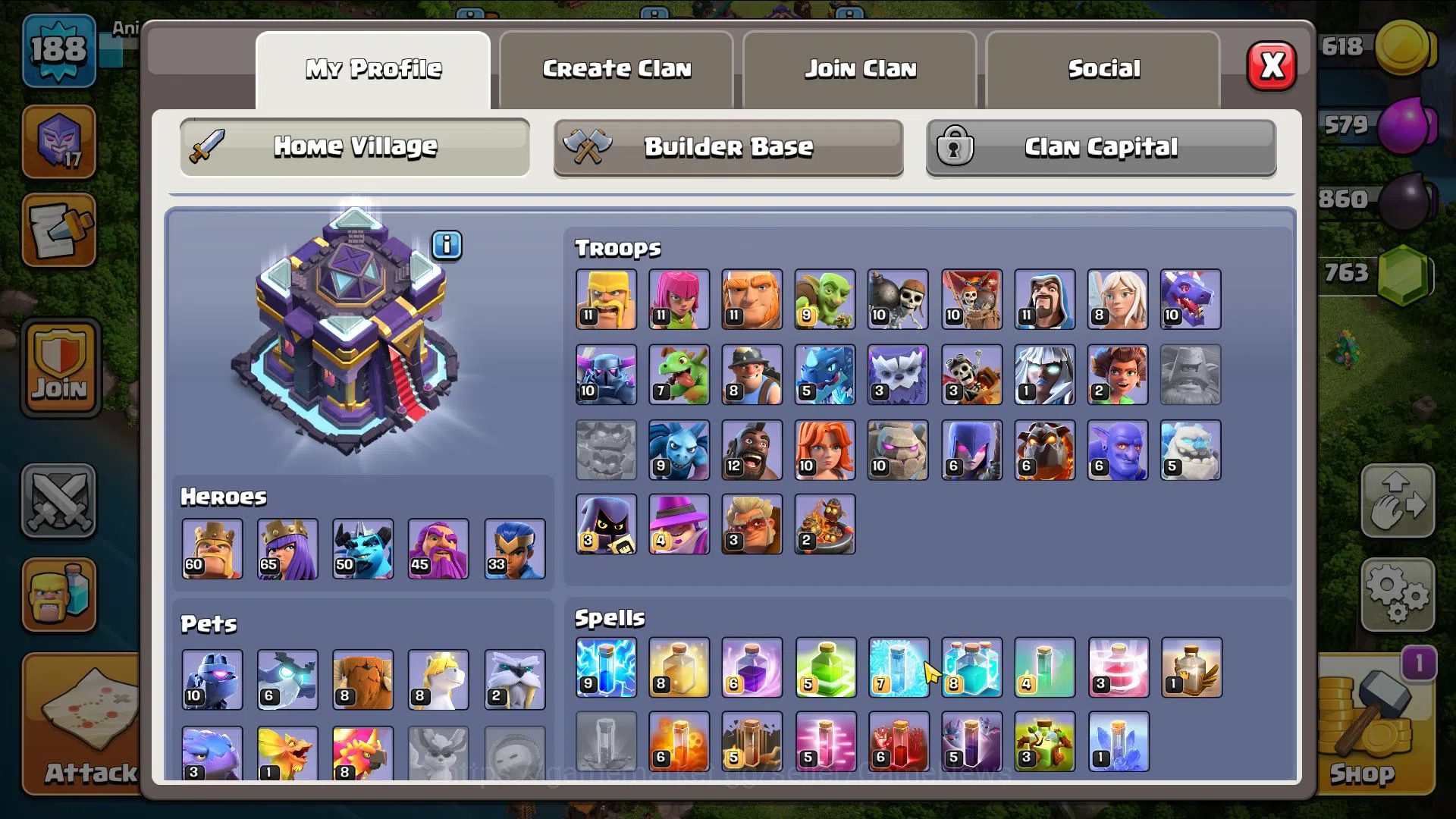 Clash of Clans Accounts Mid-Tier TH 15 MAX-BH9|LV188|HH 9|BK 60,AQ 65,GW 45,MP 51,RC 33|CN OFF|763 Gems,Limited Skin,4 Epic 7