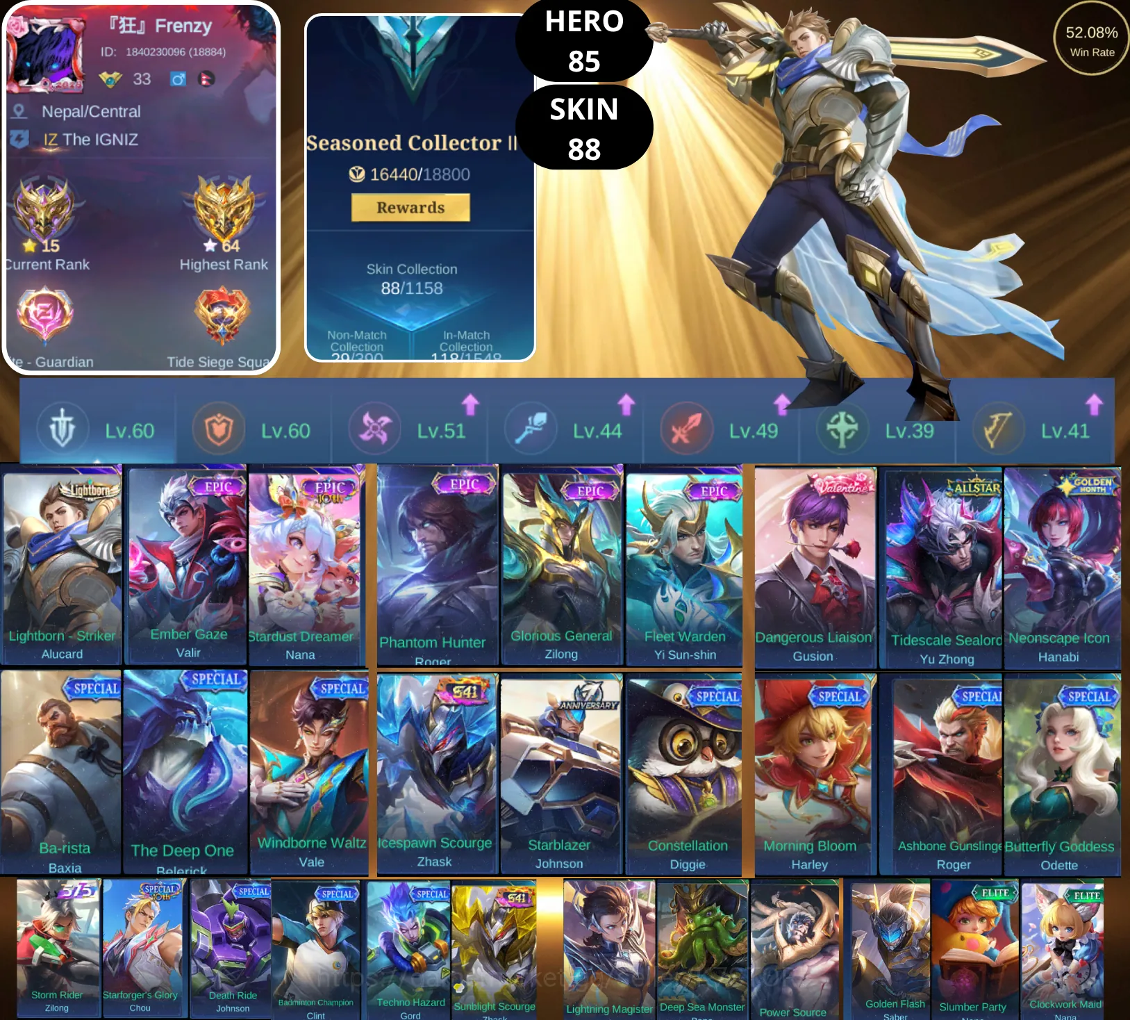 Mobile Legends: Bang Bang Accounts Smurf BEST OFFER | HERO 85 | SKIN 88 | ALUCARD LIGHTBORN | VALIR EMBER GAZE | NANA 1