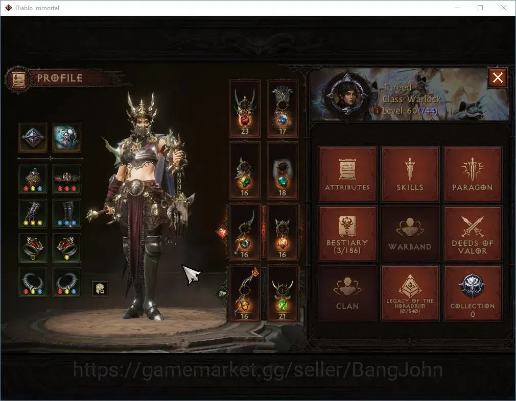 Diablo Immortal Accounts High-End SA-OZA |60 (744) Warlock-Vanquisher|CR 42K|Reso 570|Inferno IV|Skitterwight Lv 30|CS 1