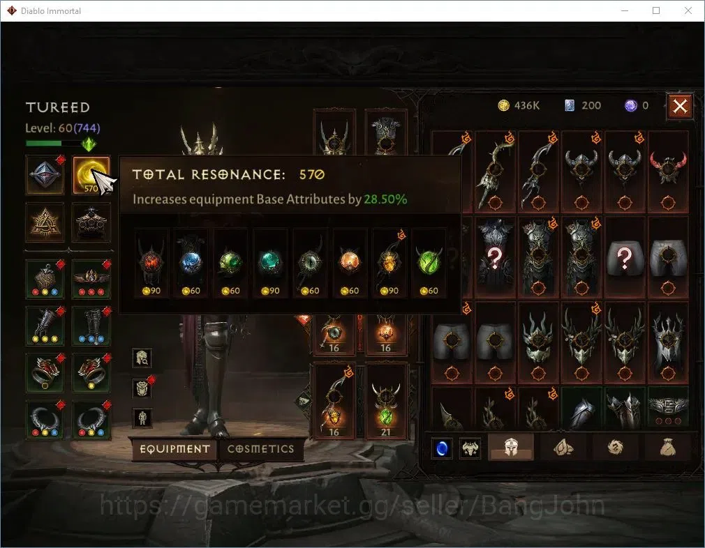 Diablo Immortal Accounts High-End SA-OZA |60 (744) Warlock-Vanquisher|CR 42K|Reso 570|Inferno IV|Skitterwight Lv 30|CS 10