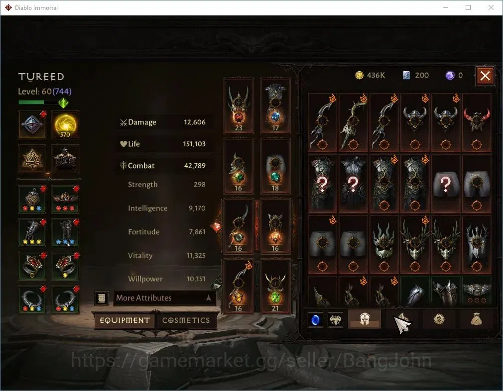 Diablo Immortal Accounts High-End SA-OZA |60 (744) Warlock-Vanquisher|CR 42K|Reso 570|Inferno IV|Skitterwight Lv 30|CS 11