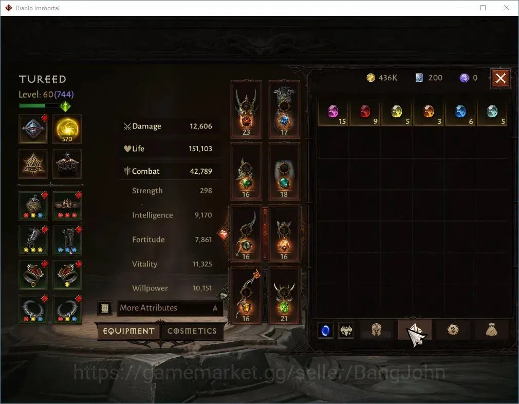Diablo Immortal Accounts High-End SA-OZA |60 (744) Warlock-Vanquisher|CR 42K|Reso 570|Inferno IV|Skitterwight Lv 30|CS 12