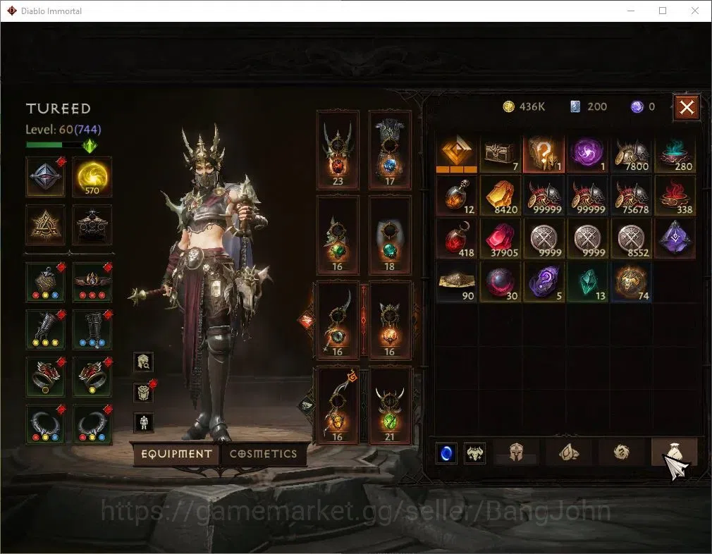 Diablo Immortal Accounts High-End SA-OZA |60 (744) Warlock-Vanquisher|CR 42K|Reso 570|Inferno IV|Skitterwight Lv 30|CS 13