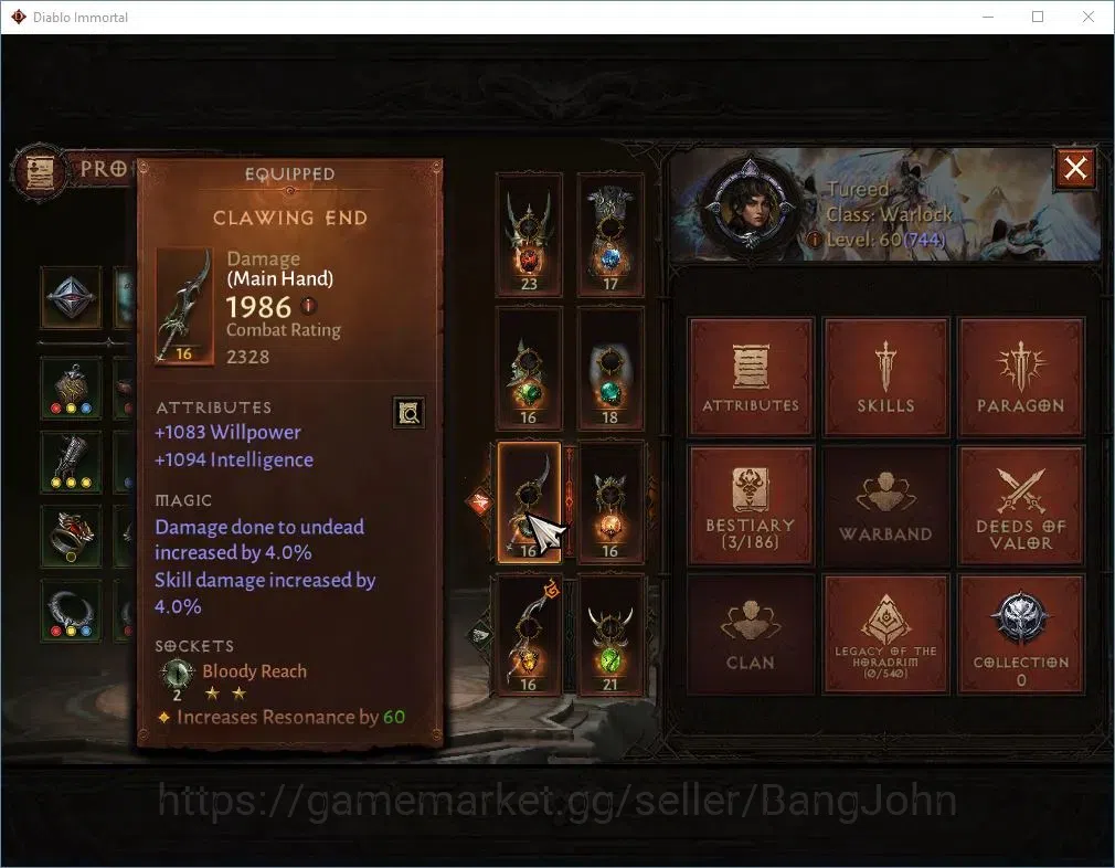 Diablo Immortal Accounts High-End SA-OZA |60 (744) Warlock-Vanquisher|CR 42K|Reso 570|Inferno IV|Skitterwight Lv 30|CS 5