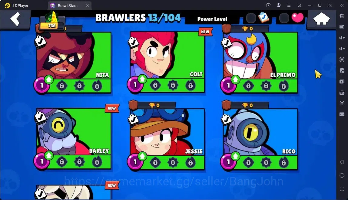 Brawl Stars Accounts Global |Trophy 736|13 Brawler|1 Max Hypercharge(Shelly)|Skins 3 S Rare,1Epic|1080 Bling|27 Gems 6