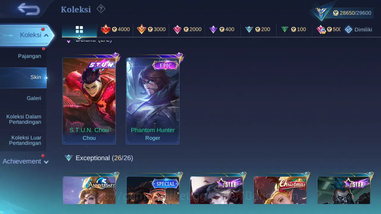 Mobile Legends: Bang Bang Accounts Others hero 126, skin 164 stun chou, kof karina, summer claude, create granger, christ 4