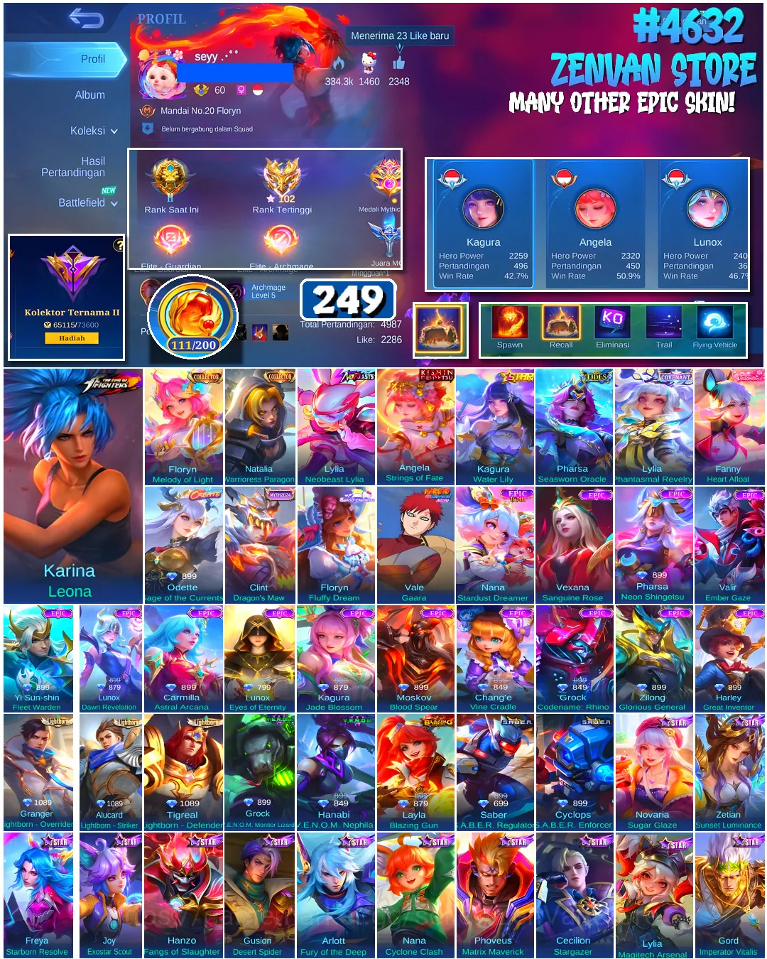 Mobile Legends: Bang Bang Accounts #4632 249 Skins | Floryn Fluffy Dream (SANRIO) | Karina Leona (KOF) | Vale Gaara (NARUTO 1