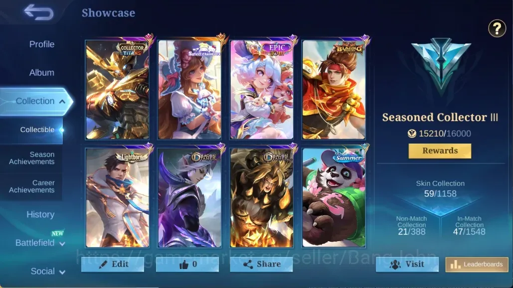 Mobile Legends: Bang Bang Accounts Collector Global|59 Skin|Seasoned|CollectorTITAN Sun,Epic10th Nana,SABER 1