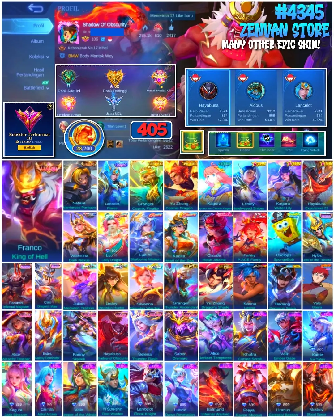 Mobile Legends: Bang Bang Accounts #4345 405 Skins | Franco King of Hell (LEGEND) | Vale Gaara (NARUTO) | Karina Leona (KOF 1