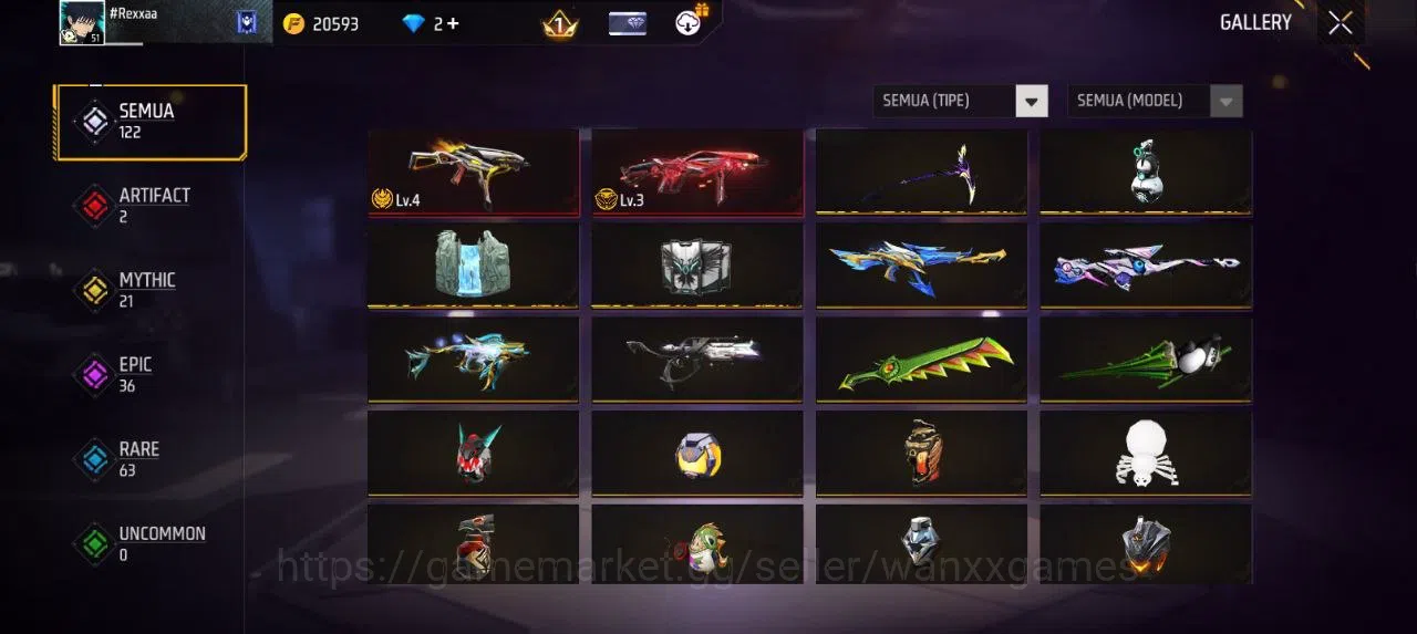 Free Fire Accounts Indonesia | EVOGUN 2 UMP LVL 4,MP40 LVL 3 SG MAMBAH VAULT 94 EMOTE 30 TAS 24 SKYWING 1 WEAPON 122 | W146 9