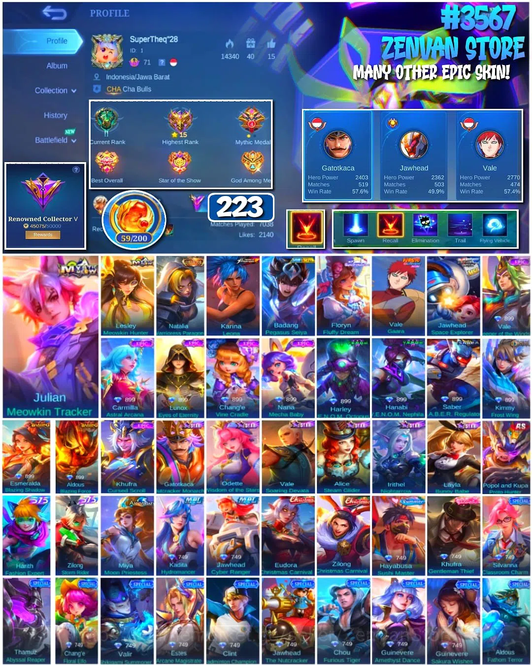 Mobile Legends: Bang Bang Accounts #3567 223 Skins | Collector Natalia | Sanrio Flory image 1