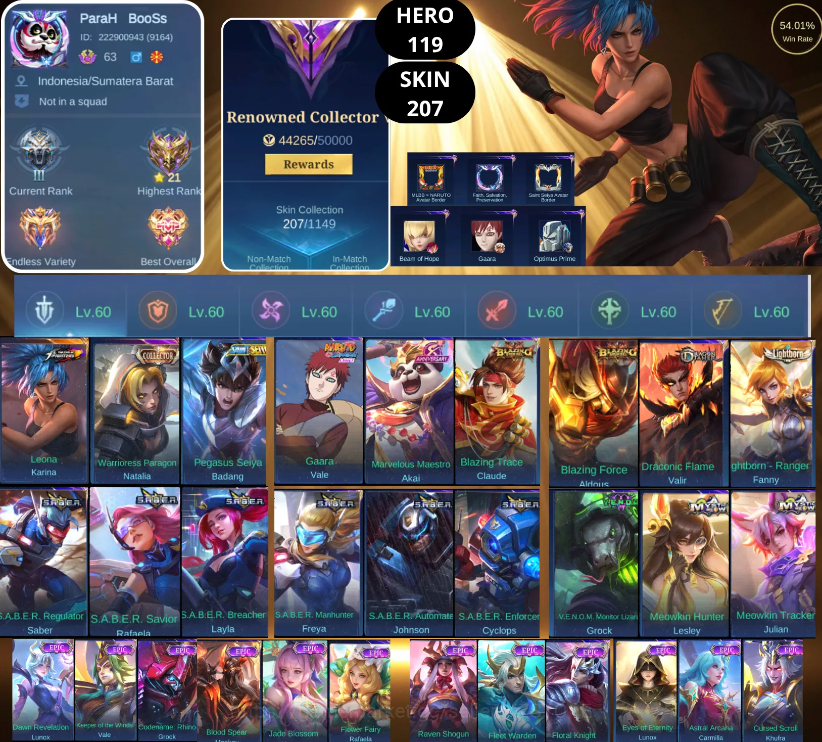Mobile Legends: Bang Bang Accounts Smurf BEST OFFER | HERO 119 | SKIN 207 | LEONA KARINA | WARRIORESS PARAGON NATALIA 1