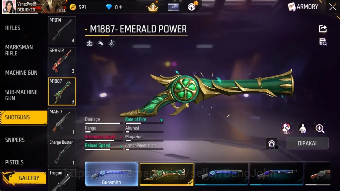 Free Fire Accounts Indonesia | M1887 Skin: Emerald Power, Mamba Gnaw, Peluru Suci | Electrify Bunny Backpack | Check SS 1