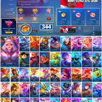 Mobile Legends: Bang Bang Accounts #4367 344 Skins | Lunox Divine Goddess (LEGEND) | Dyrroth Gon (HUNTER X HUNTER) | Gusion
