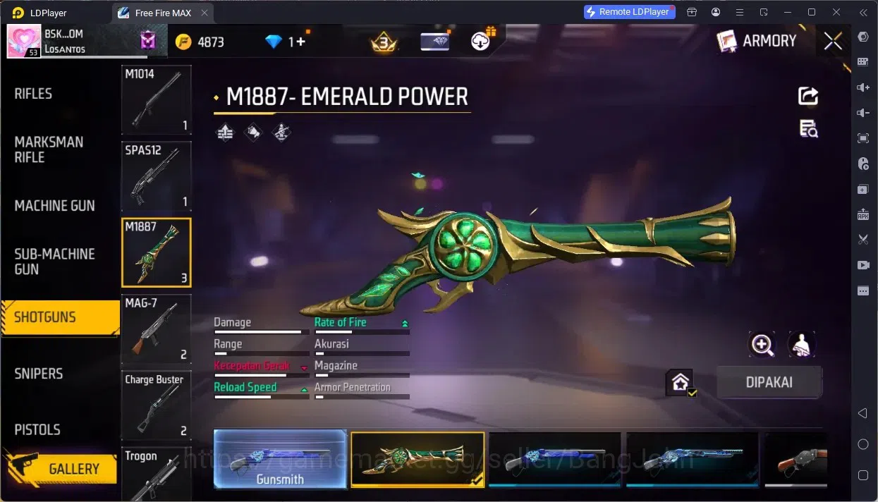 Free Fire Accounts Indonesia | M1887- Emerald Poer, Mamba Gnaw, Bunny image 3