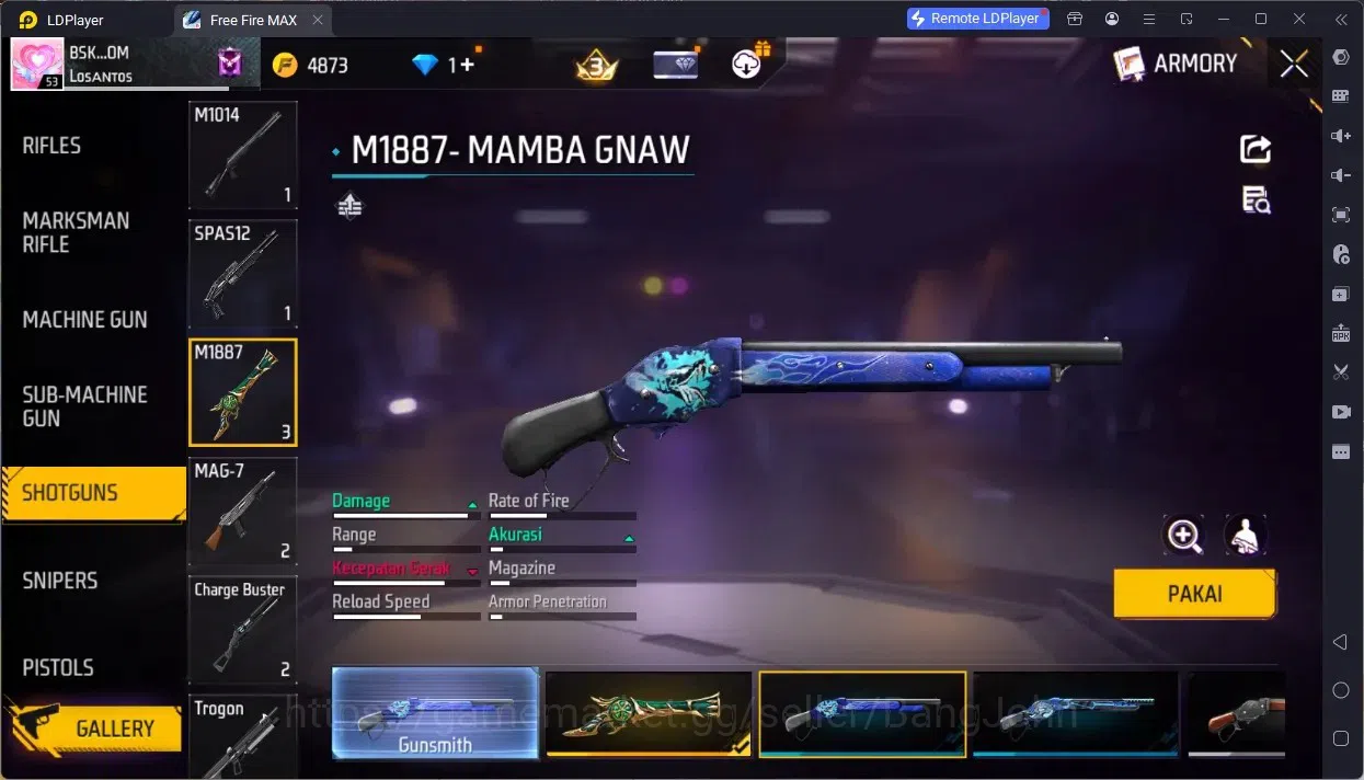 Free Fire Accounts Indonesia | M1887- Emerald Poer, Mamba Gnaw, Bunny image 4