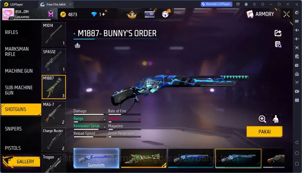 Free Fire Accounts Indonesia | M1887- Emerald Poer, Mamba Gnaw, Bunny image 5
