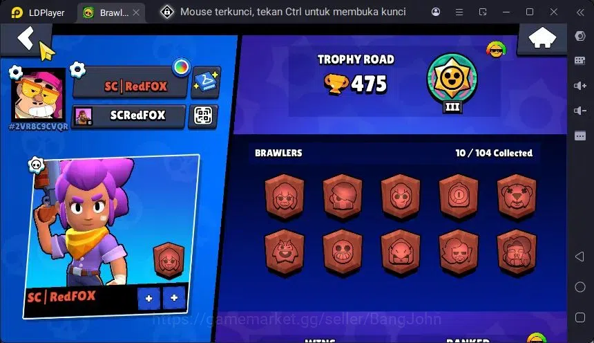 Brawl Stars Accounts Trophy 475 |10 Brawler|3 Power Lv11(Shelly,Edgar,Jae-Yong)|1 Mythic(Otis),2 Epic(Edgar,BO) Skin 2