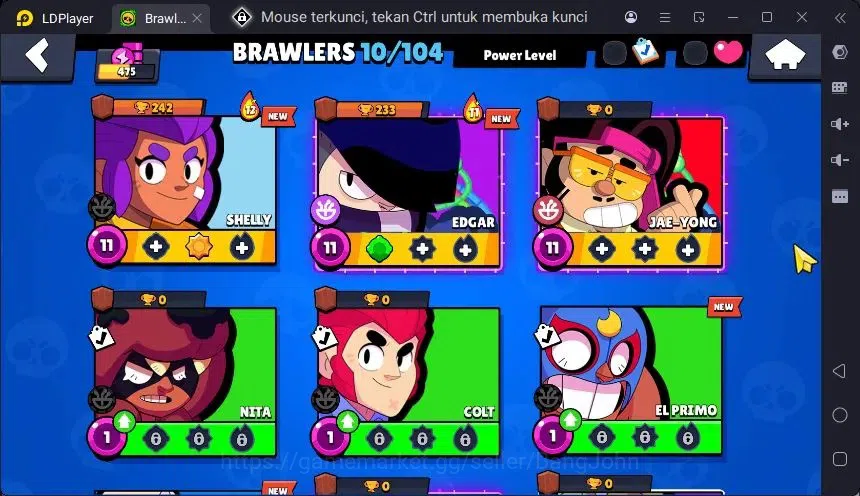 Brawl Stars Accounts Trophy 475 |10 Brawler|3 Power Lv11(Shelly,Edgar,Jae-Yong)|1 Mythic(Otis),2 Epic(Edgar,BO) Skin 5