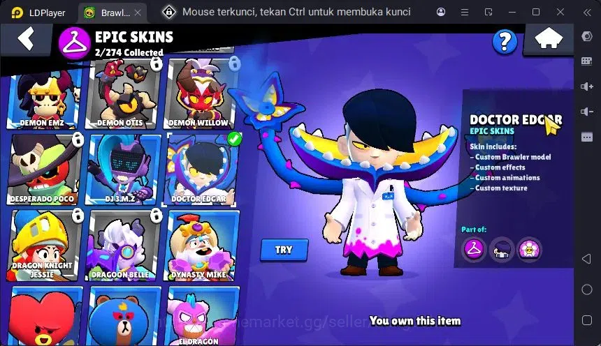 Brawl Stars Accounts Trophy 475 |10 Brawler|3 Power Lv11(Shelly,Edgar,Jae-Yong)|1 Mythic(Otis),2 Epic(Edgar,BO) Skin 7