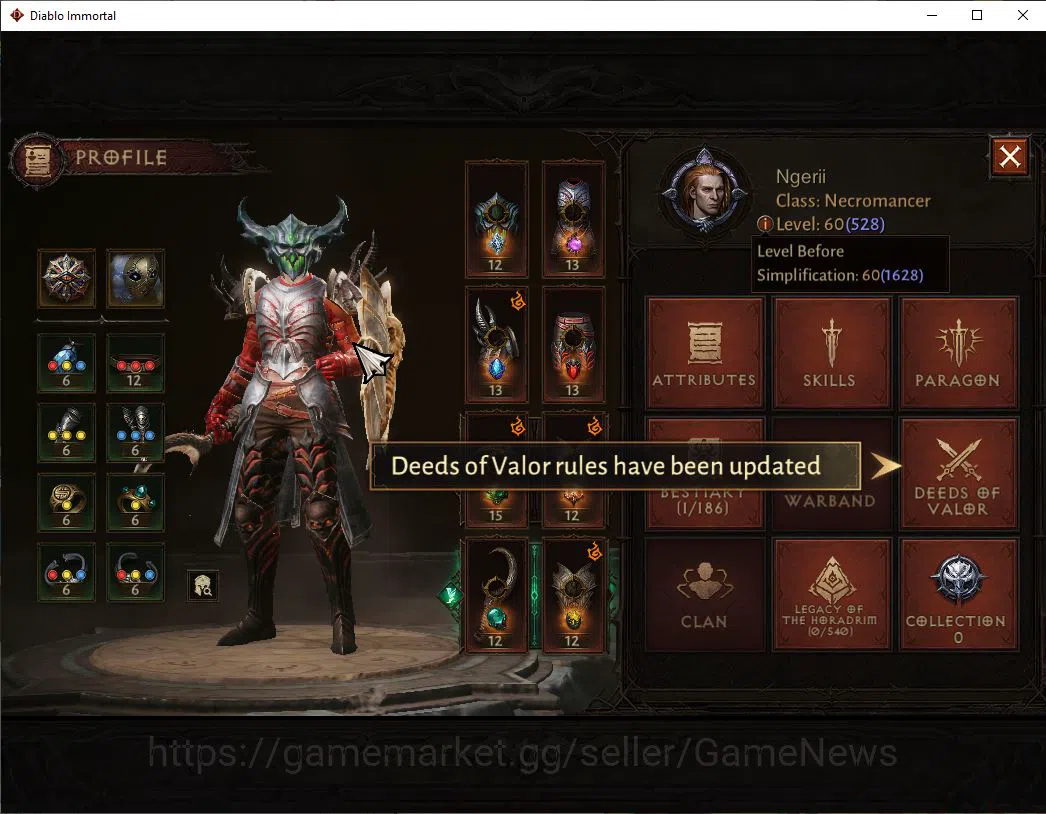 Diablo Immortal Accounts Mid-Tier SEA - Izual|Change Server On|Lv60(528)|Necromancer|34k CR|Reso 480|Paragon 2