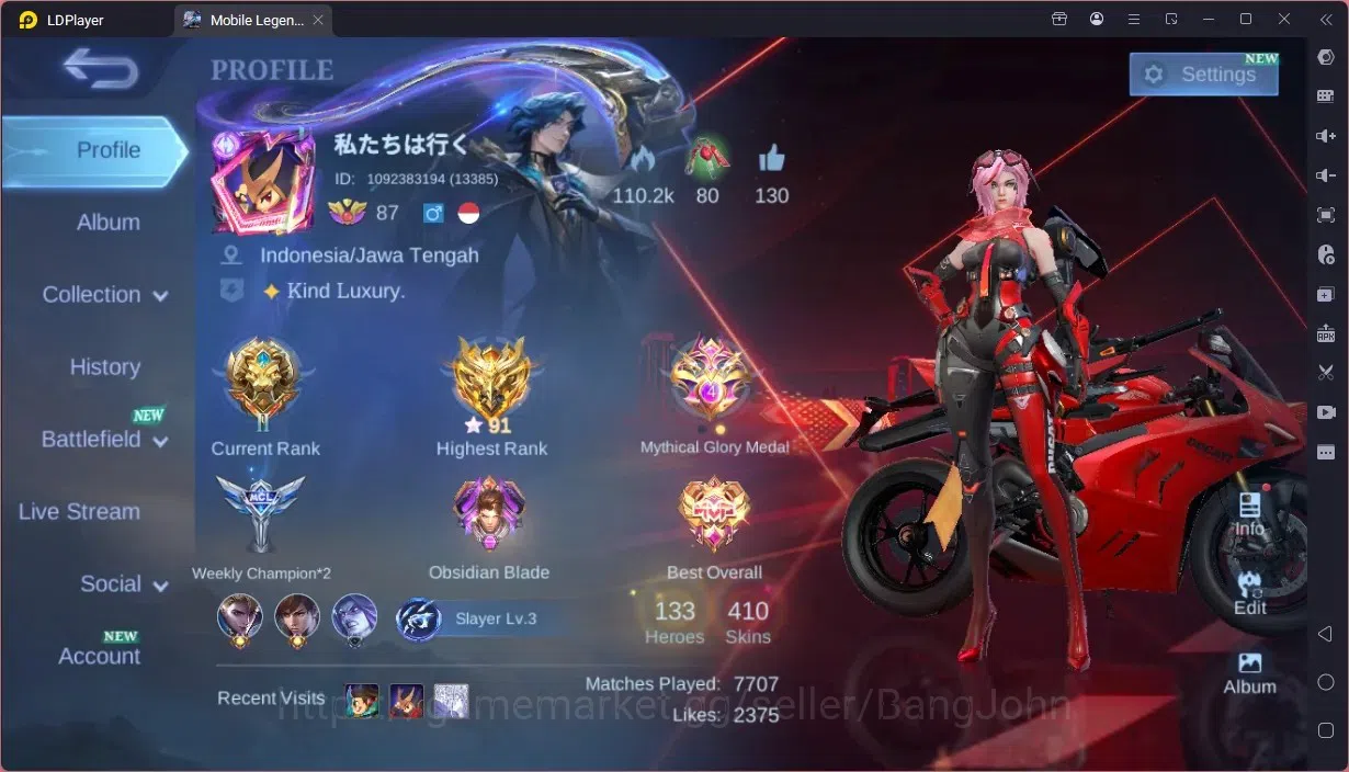 Mobile Legends: Bang Bang Accounts Others Global|Hero 133|Skin 410|Exalted|Legend Alucard|Prime Granger|Ducati Bened|TFM 1