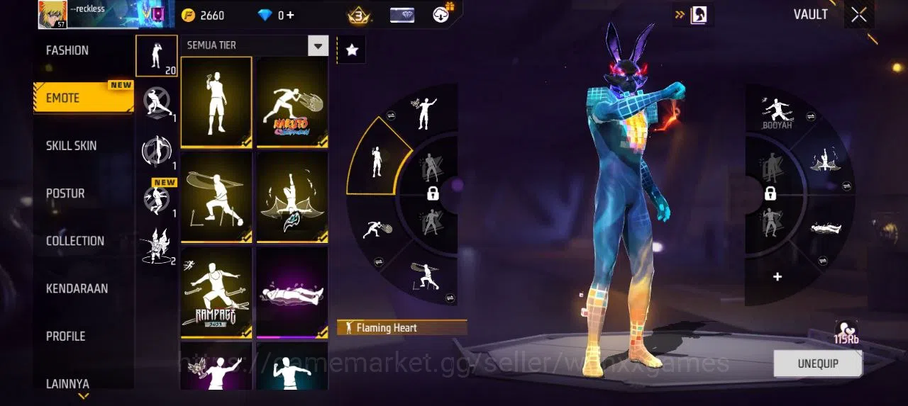 Free Fire Accounts Indonesia | AKUN LVL 57 SG MAMBAH VAULT 102 EMOTE 20 KATANA LOBY 1 TAS 24 WEAPON 118 | W599 4