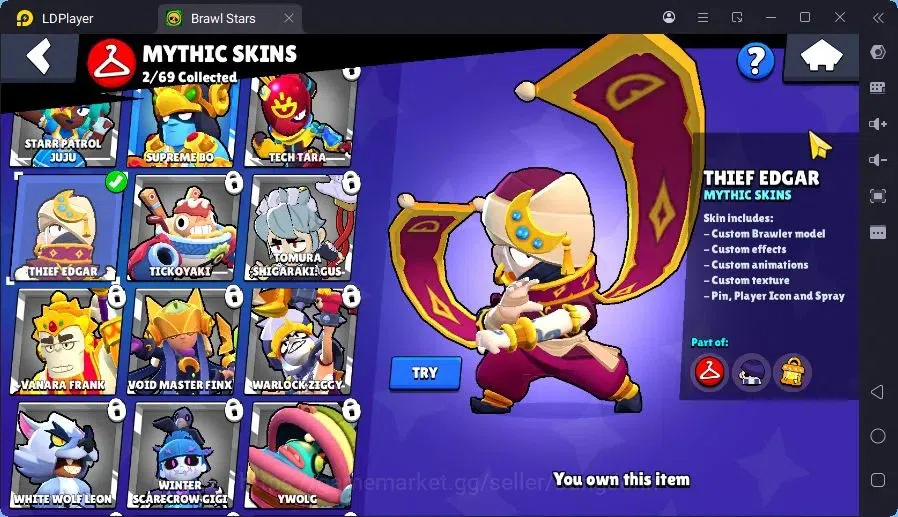 Brawl Stars Accounts Trophy 413|3 Brawler Lv.11|2 Mythic (Edgar,Otis),2 Epic (Shelly,Edgar),1S Rare skin |2999 B| Proteck 11
