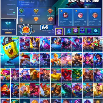 Mobile Legends: Bang Bang Accounts #3963 64 Skins SpongeBob Many Epic Safe Account