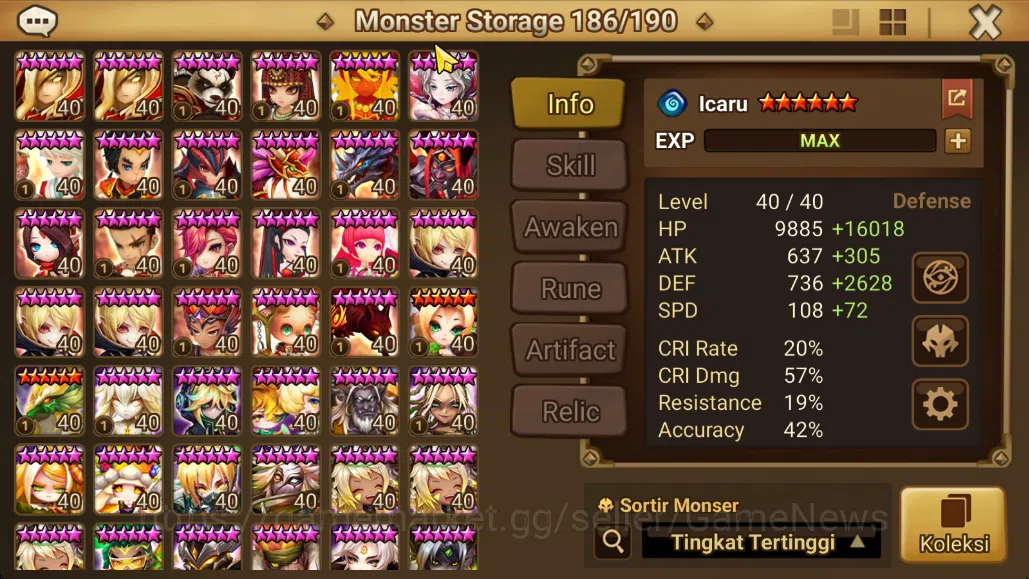 Summoners War: Sky Arena Accounts Mid-Game ASIA Lv100 Mid|1 LD[Zeratu]|80+ NB5|142 6*Monsters|All Farm|Good Rune+Many 10