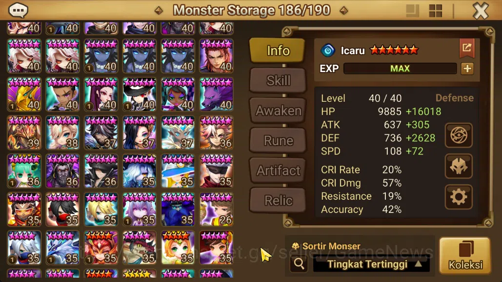 Summoners War: Sky Arena Accounts Mid-Game ASIA Lv100 Mid|1 LD[Zeratu]|80+ NB5|142 6*Monsters|All Farm|Good Rune+Many 12