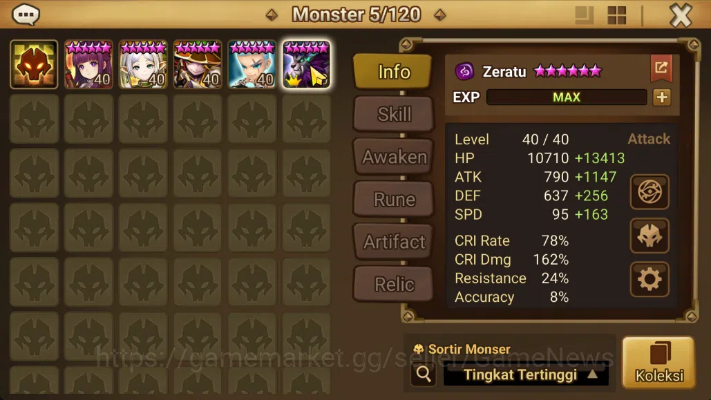 Summoners War: Sky Arena Accounts Mid-Game ASIA Lv100 Mid|1 LD[Zeratu]|80+ NB5|142 6*Monsters|All Farm|Good Rune+Many 8