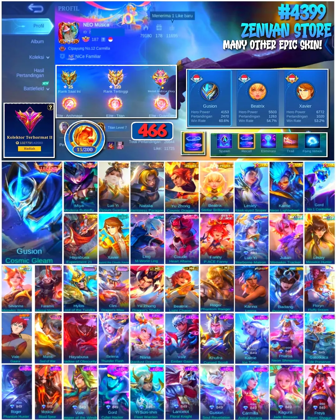 Mobile Legends: Bang Bang Accounts #4399 466 Skins | Gusion Cosmic Gleam (LEGEND) | Miya Modena Butterfly (LEGEND) | Vale 1