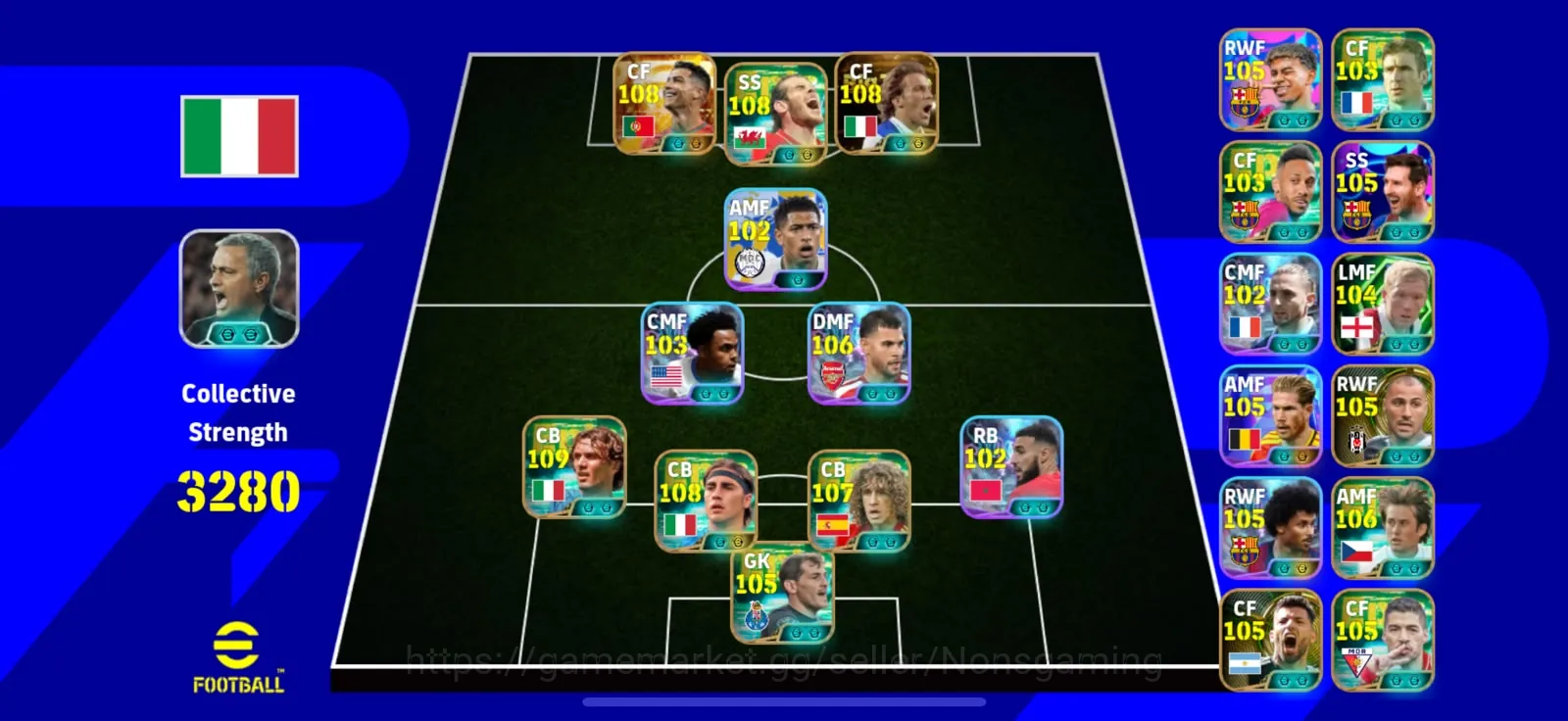 eFootball Accounts High-End Max power 3280+ roanldo x bale x Del Piero x Italia deffent x Puyol x adeyemi x pack Yamal x 1