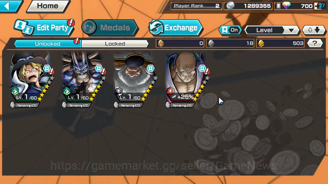 One Piece Bounty Rush Accounts Starter GLOBAL|4 EX|5Elder St.Saturn,5Elder St.Ethanborn V.Nusjuro,BMO Kaido,Flame Emperor 3