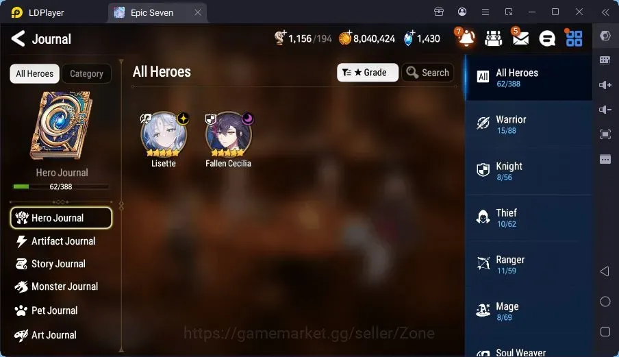 Epic Seven Accounts Starter Global Unverif|Best Starter|2 ML(Lisette,Fallen Cecilia)|PoH+Bless ON|SS 1.1K|MoR 11|Side Story 1
