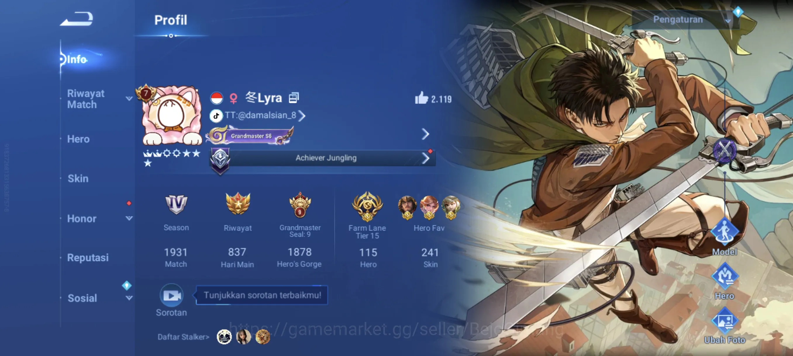 Honor of Kings Accounts Rare Skin Global Hero 115 Skin 241: AOT Levi, Precious Butterfly, Blessed Nako, 2 LNY26 (Ying, Di 1