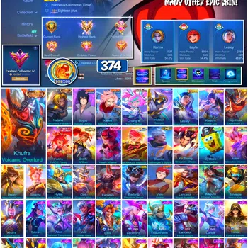 Mobile Legends: Bang Bang Accounts #3967 374 Skins Collector Kufra & Natalia Sasuke & Sakura Aspirant Chang'e SpongeBob Many