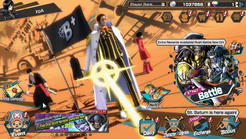One Piece Bounty Rush Accounts Mid-Tier Global|4 EX|BP Kuzan,RO Roronoa Zoro,5Elder St.Saturn,AMS[Borsalino] |Rank