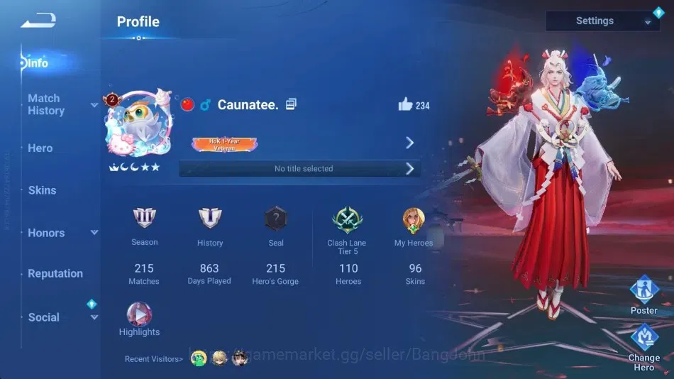 Honor of Kings Accounts Rare Skin Global|110H 96S|Blessed Charlotte|Legend Li Xin|SXD Hou 1