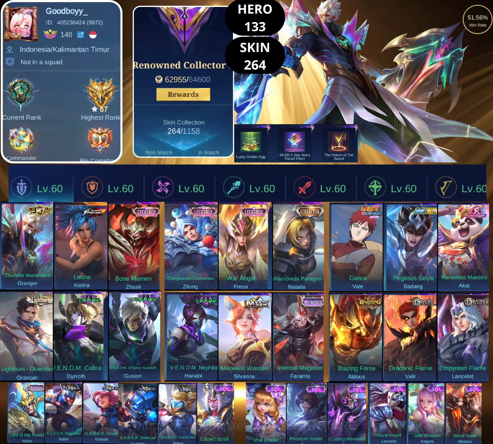 Mobile Legends: Bang Bang Accounts Smurf BEST OFFER | HERO 133 | SKIN 264 | GRANGER M7 | KARINA KOF | 3X LUCKYBOX | NATALIA 1