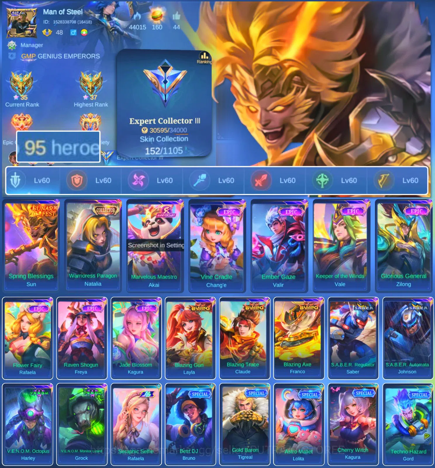 Mobile Legends: Bang Bang Accounts HERO 95 SKIN 152 | EMBLEM ALL MAX| COLECTOR NATALI image 1