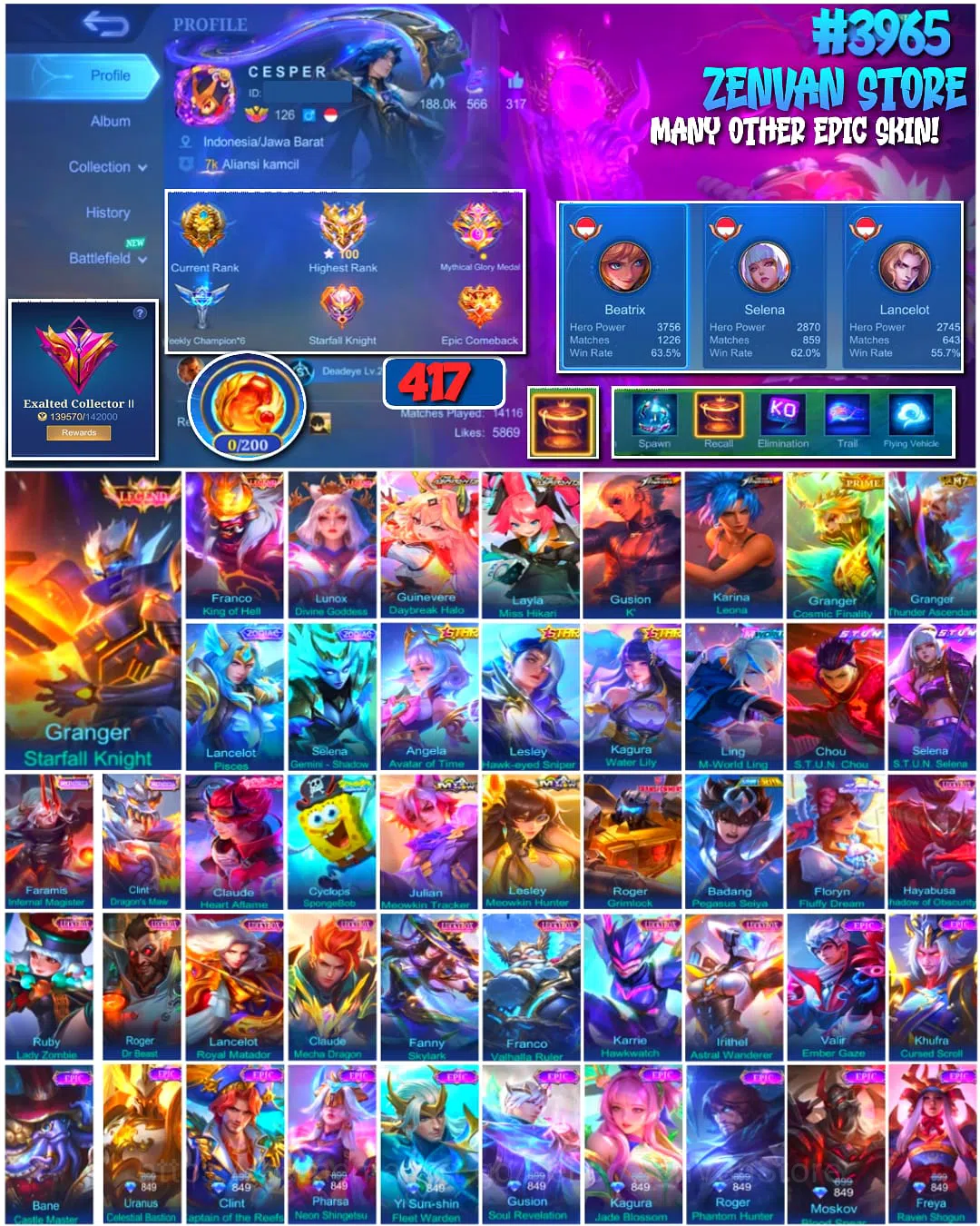 Mobile Legends: Bang Bang Accounts #3965 417 Skins Legend Granger, Franco & Lunox Aspirant Guinevere & Layla KoF Gusion 1