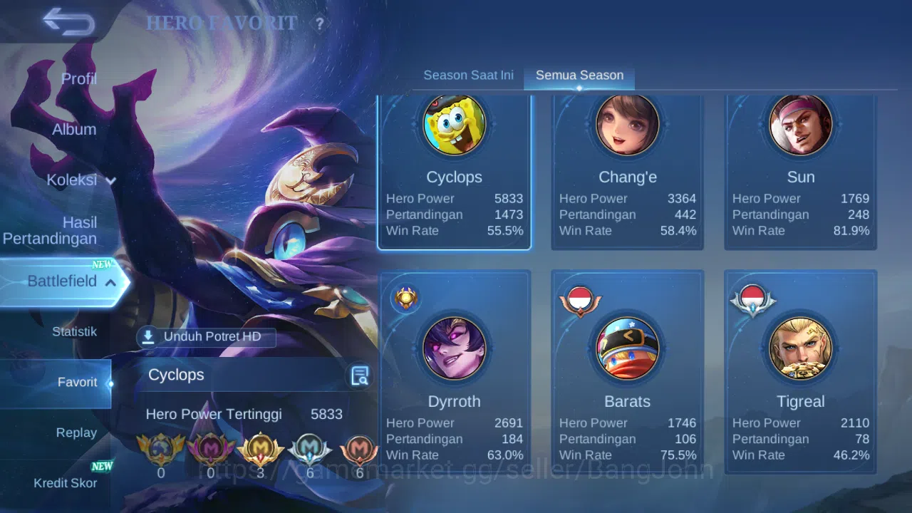 Mobile Legends: Bang Bang Accounts Others Hero 92 | skin 188 | cc natalia | epic luo yi | epic pharsa | lunar fest change 4