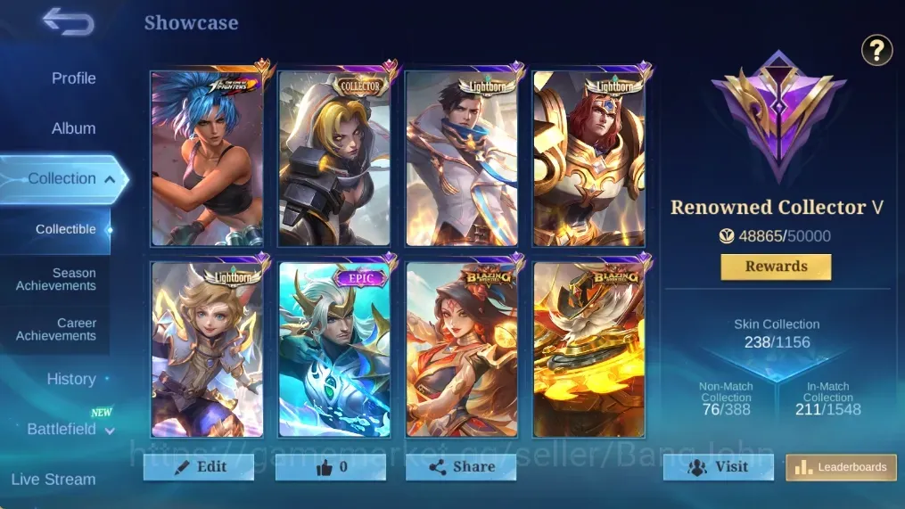Mobile Legends: Bang Bang Accounts Collector Global|133H 238S|Renowned|Collector Natalia|KOF Karina|Naruto Vale|Full Mystic 1