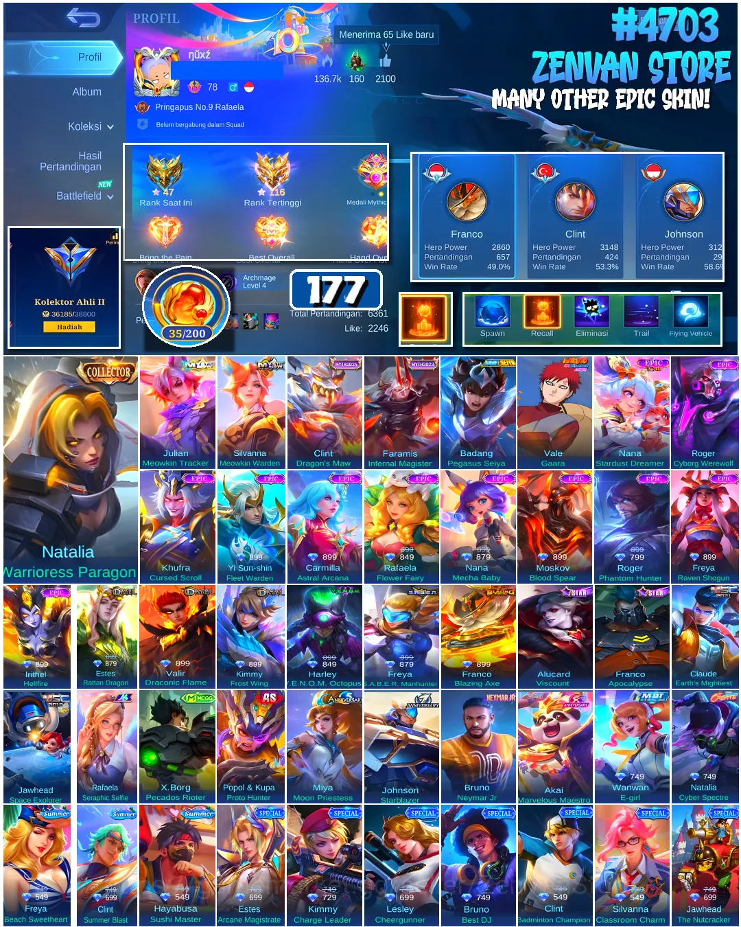 Mobile Legends: Bang Bang Accounts #4703 177 Skins | Badang Pegasus Seiya (SAINT SEIYA) | Vale Gaara (NARUTO) | Natalia 1