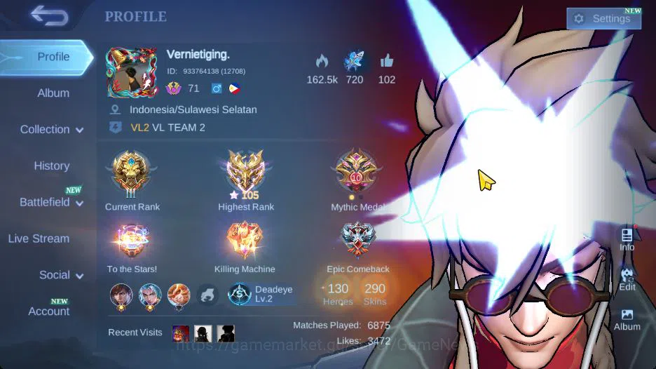 Mobile Legends: Bang Bang Accounts Hero 130|Skin 290|High Immo 105|Legend Lunox,KOF K image 2